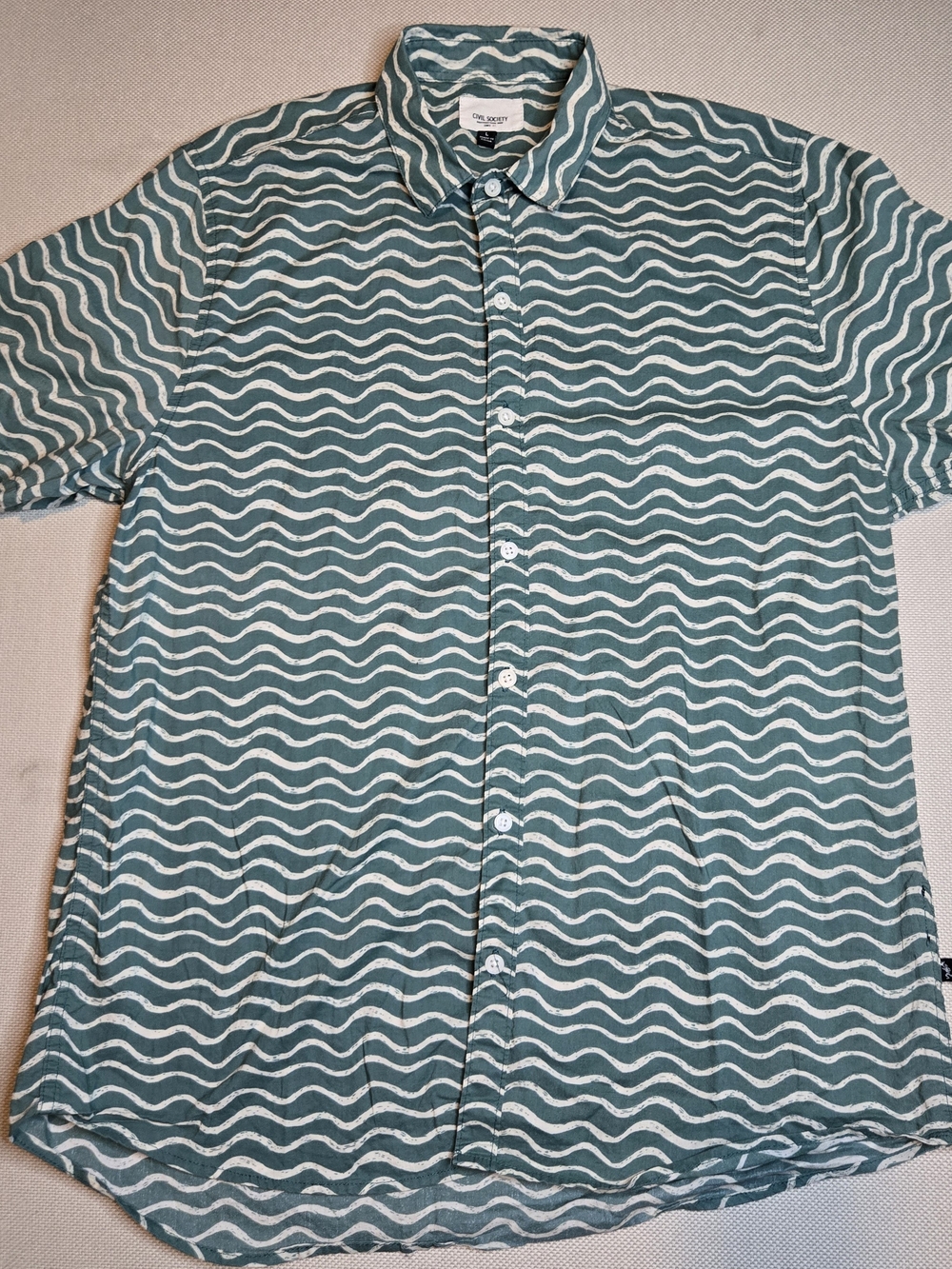 Civil Society Men's Large Short Sleeve Button Down Shirt Green Beige Casual